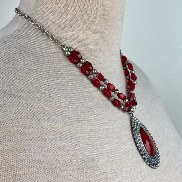 Ruby Rd Red & Silver Tone Boho Pendant Beaded Necklace 22" - Picture 5 of 7